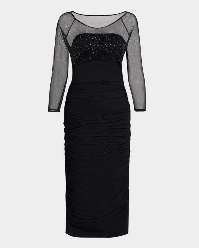 Gyun Ruched Rhinestone Illusion Midi Dress